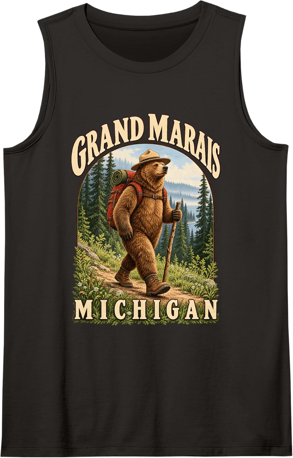 Grand Marais Michigan Bear Hiker Outdoors Vacation Souvenir Sleeveless Tank Top - Black