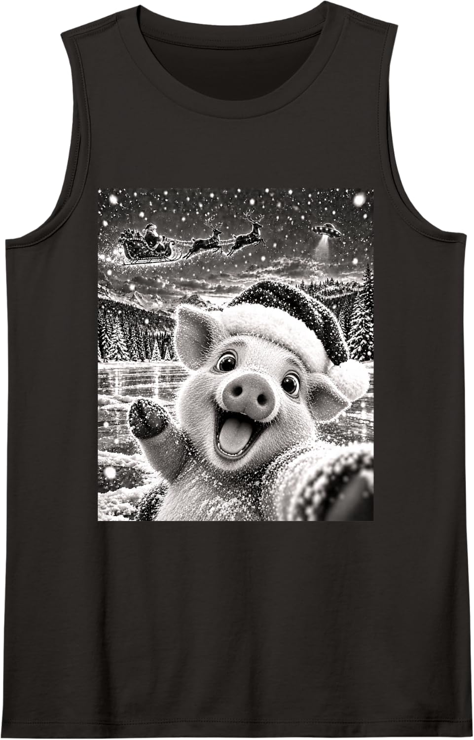 Pig Selfie with Santa Funny Christmas Men Women Kids Sleeveless Tank Top - Black