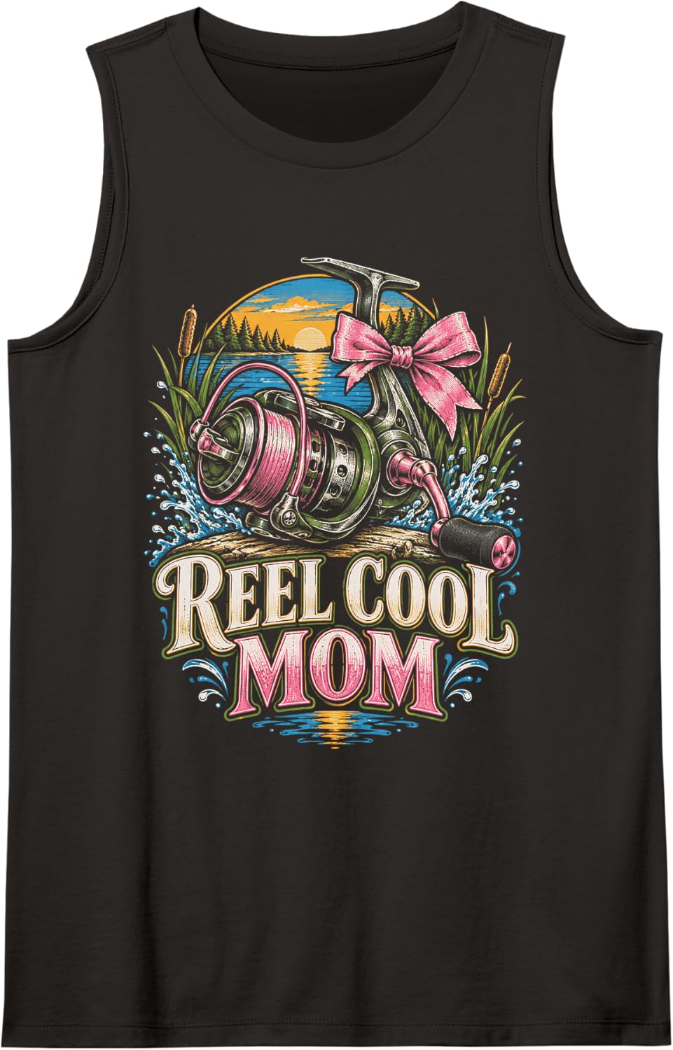 Fishing Bass Season Reel Cool Mom Fishing Lake Sunset Sleeveless Tank Top - Black