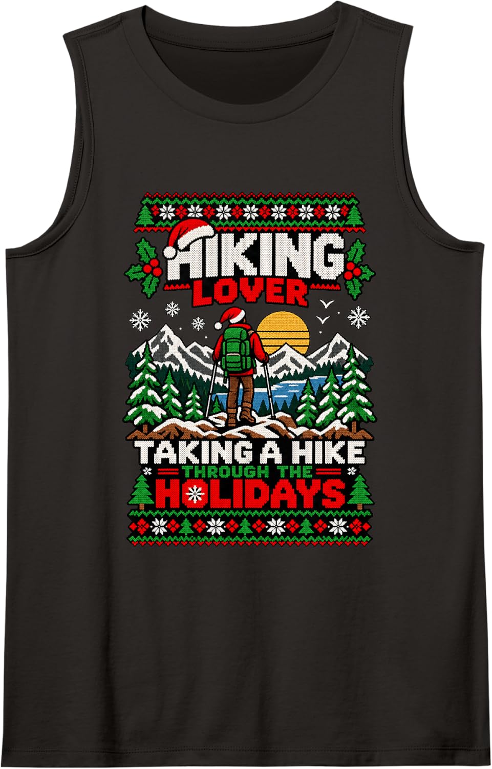 Hiking Lover Ugly Christmas Mountain Hiker Santa Hat Sleeveless Tank Top - Black