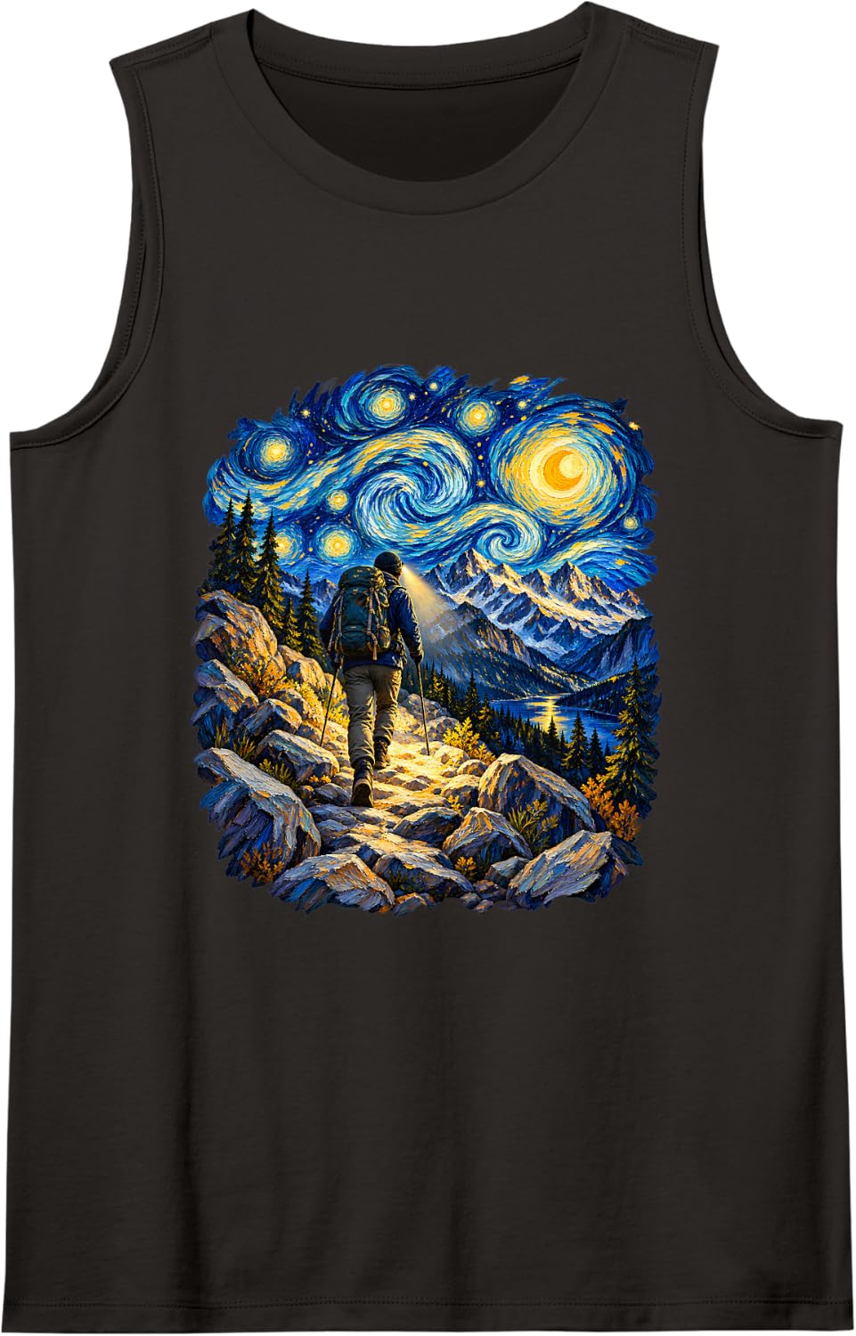 Starry Night Mountain Backpacking Headlamp Hiking Adventure Sleeveless Tank Top - Black