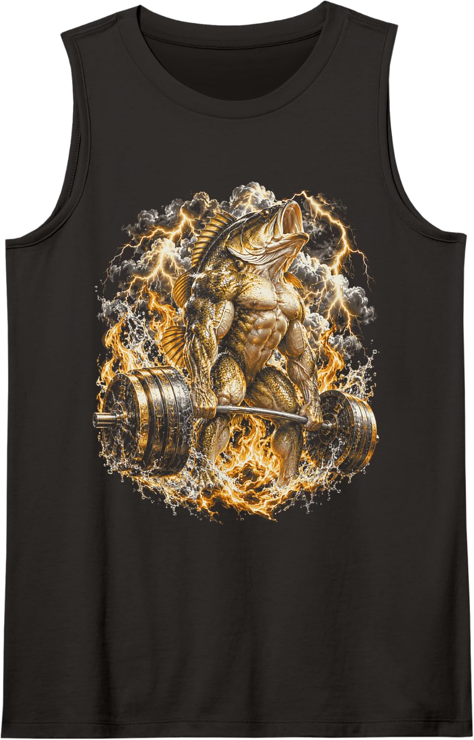 Fishing Bass Season Muscle Fish Deadlift Lightning Fire Sleeveless Tank Top - Black