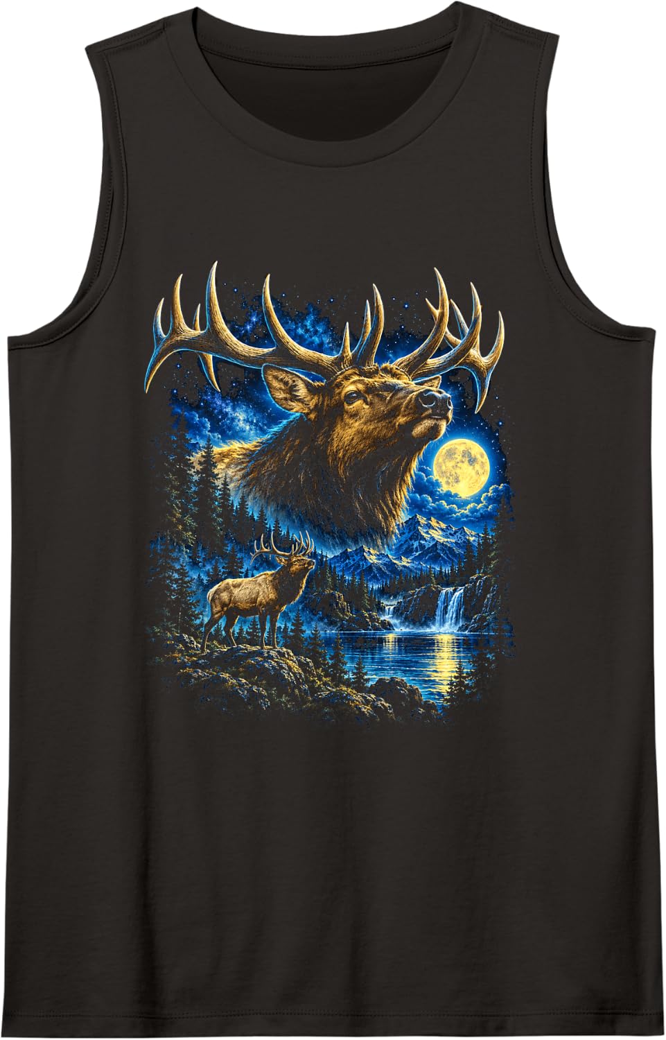 Majestic Elk Moonlit Mountain Wilderness Fantasy Art Sleeveless Tank Top - Black