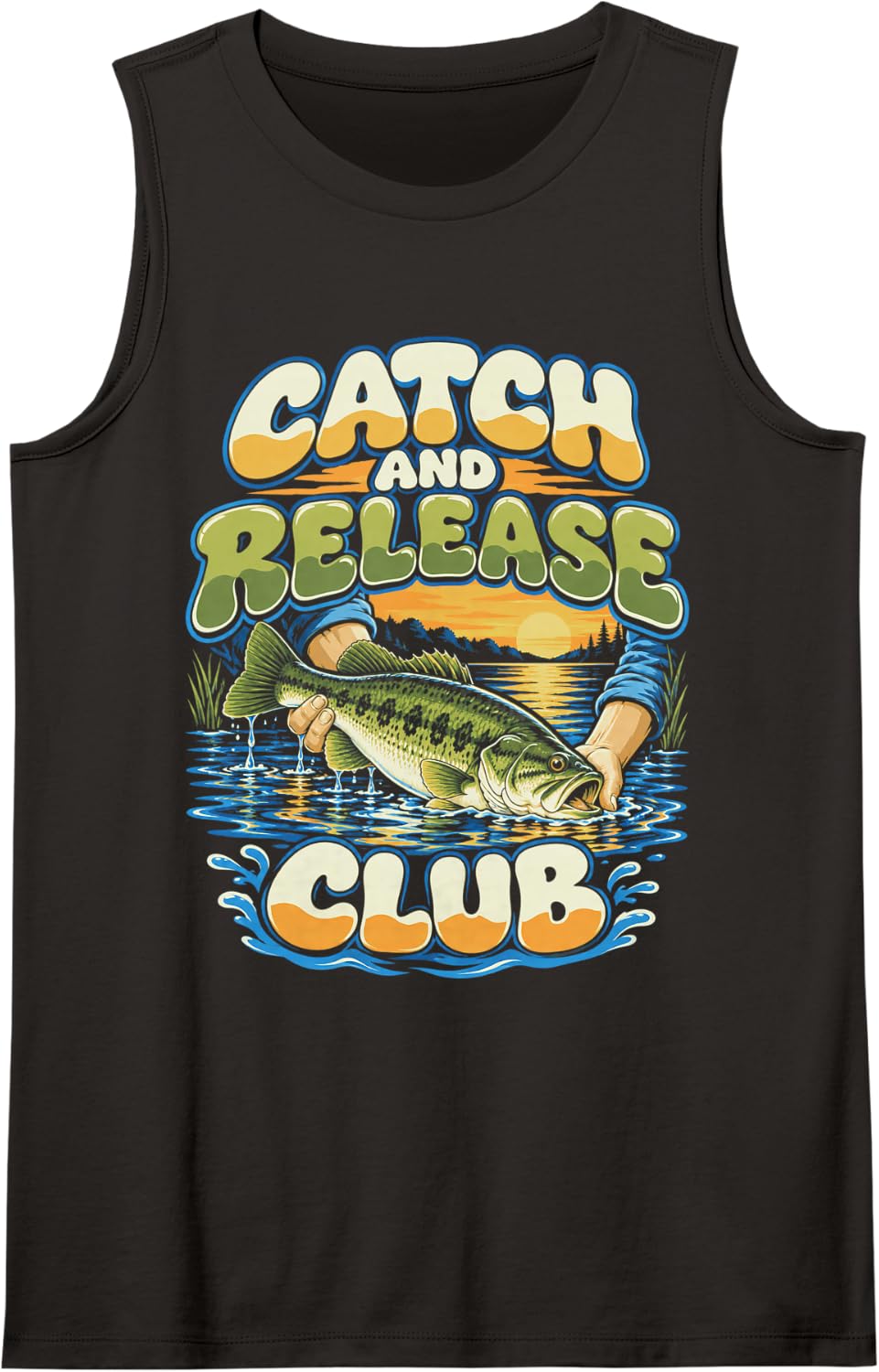 Fishing Bass Season Catch and Release Club Lake Sunset Sleeveless Tank Top - Black
