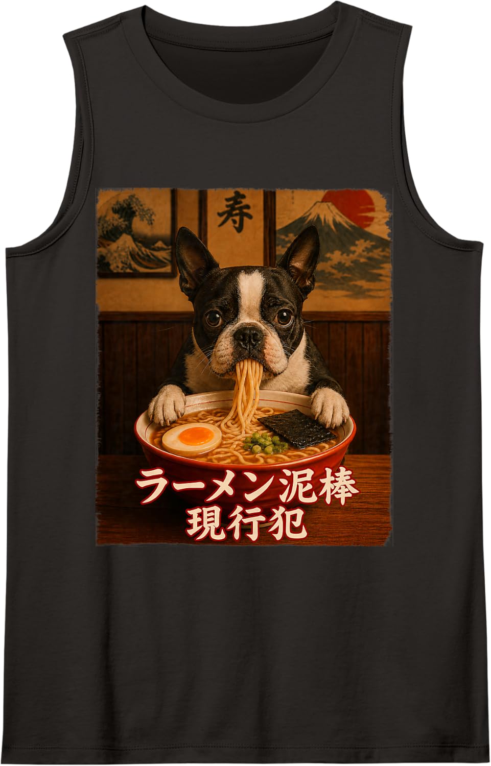 Funny Dog Tee - Boston Terrier - Ramen Dog Thief - Japanese Tank Top - Black