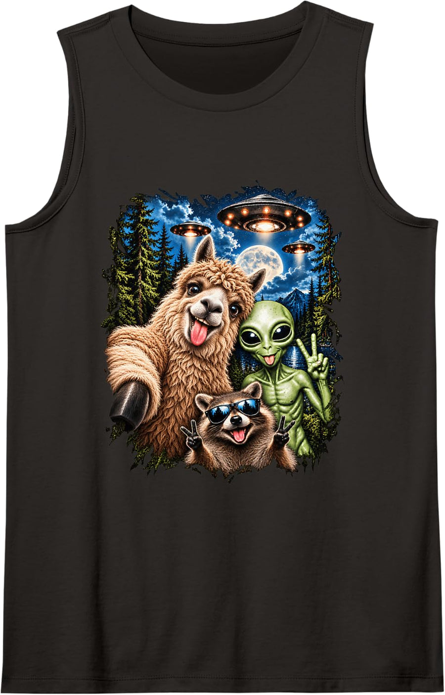 Alpaca Selfie Alien Raccoon UFO Funny Men Women Kids Sleeveless Tank Top - Black