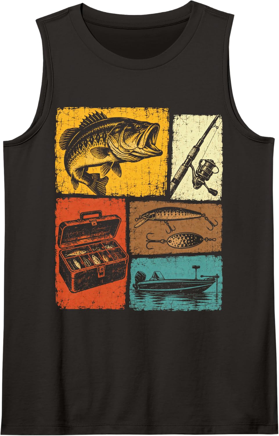 Fishing Bass Season Vintage Rod Tackle Box Lure Boat Sleeveless Tank Top - Black