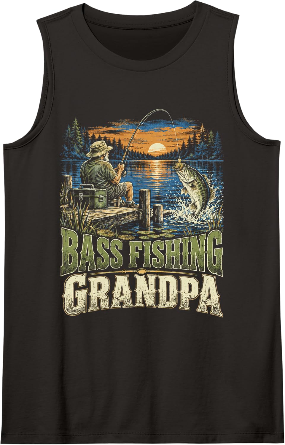 Fishing Bass Season Dock Sunset Rod Reel Outdoor Lake Sleeveless Tank Top - Black