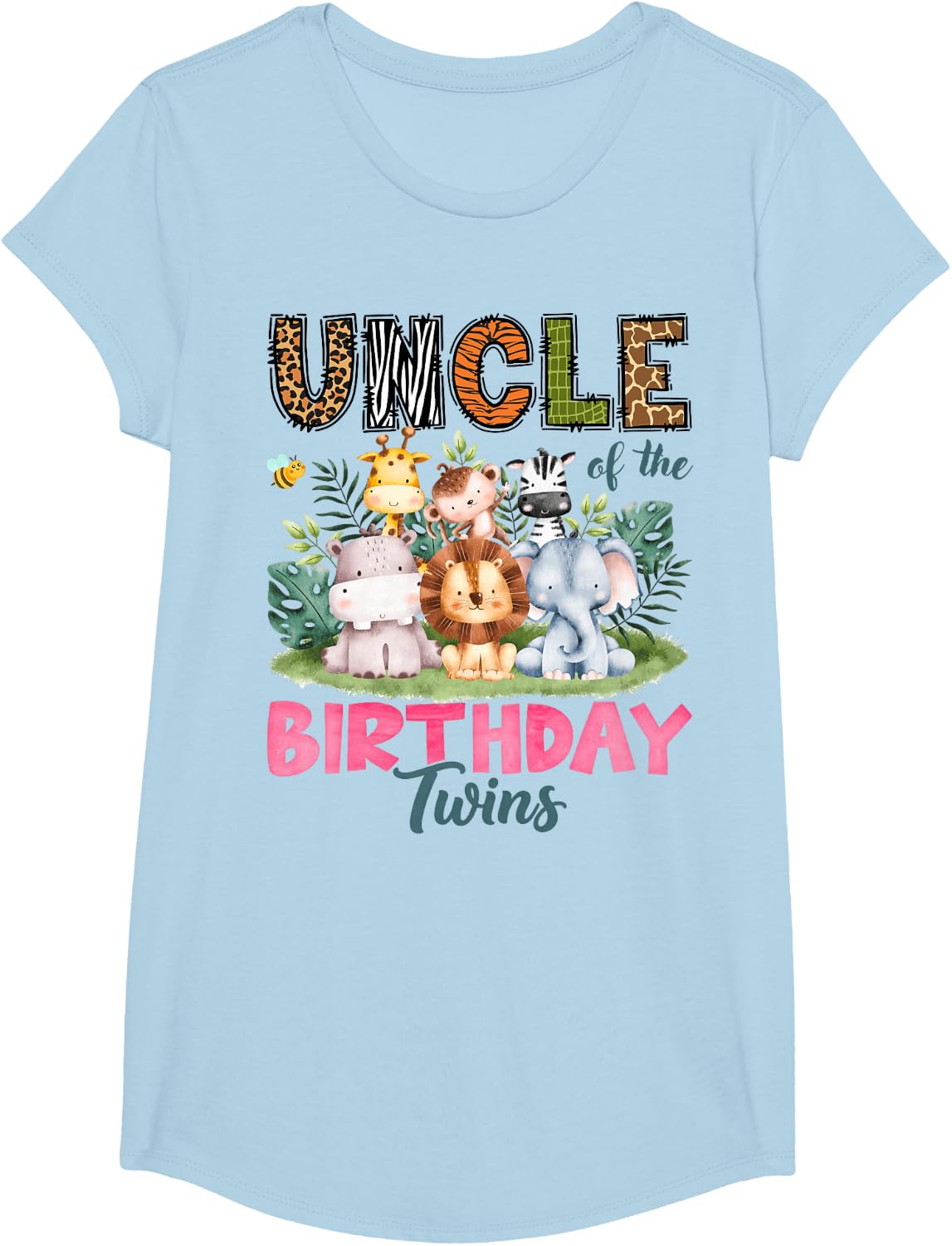 Uncle of The Birthday Twins Safari Jungle Animals Lover T-Shirt - Girls Baby Blue