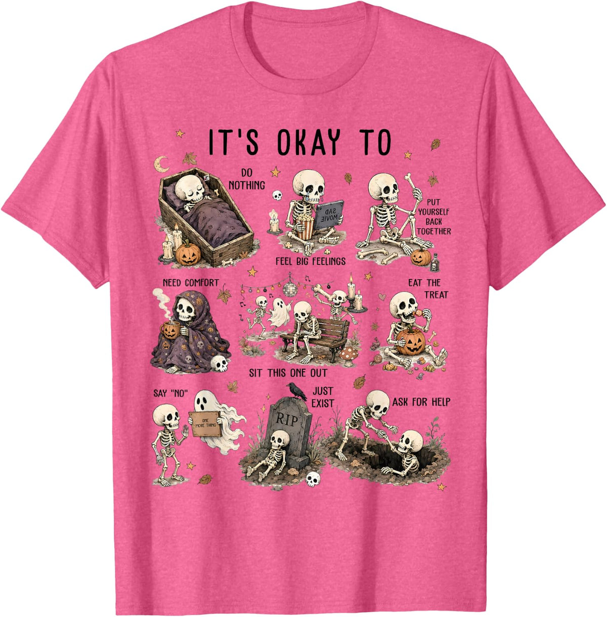 It's Okay to Skeleton Halloween, Mental Health,Social Worker T-Shirt - Pink Heather
