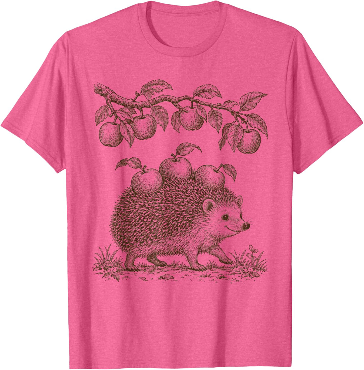 Cute Hedgehog Apple Tree Sketch Nature Drawing T-Shirt - Pink Heather