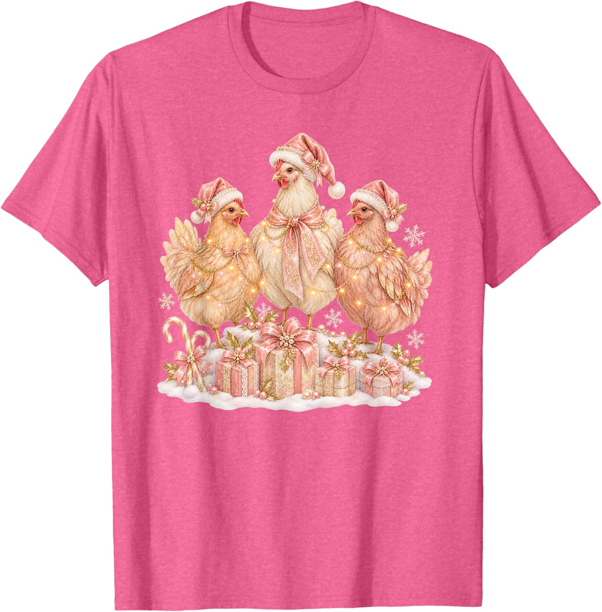 Cute Pink Christmas Chickens Santa Hats Bows Holiday Lights T-Shirt - Pink Heather