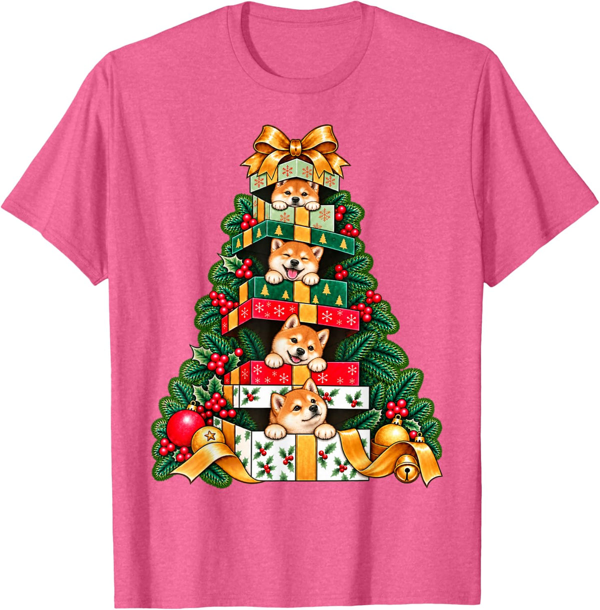Shiba Inu Stacked Wrapped Boxes Holiday Tree Surprise T-Shirt - Pink Heather