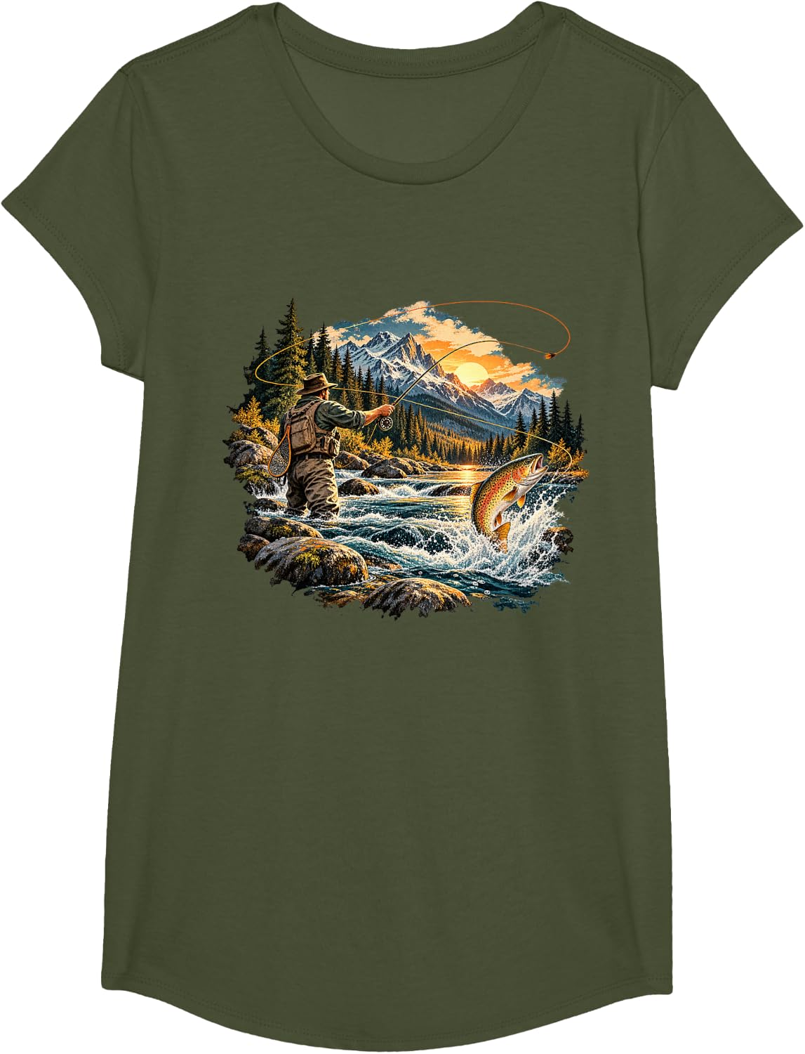 Trout Fly Fishing Mountain River Wilderness Angler T-Shirt - Girls Olive Green