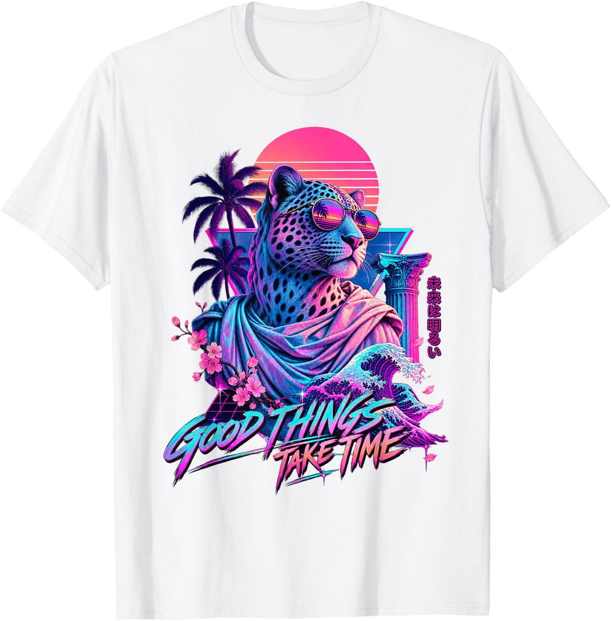 Synthwave Retro 80s Leopard Good Things Take Time T-Shirt - White