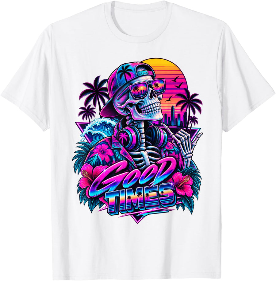 Vaporwave Skeleton DJ Good Times Retro Beach Sunset T-Shirt - White