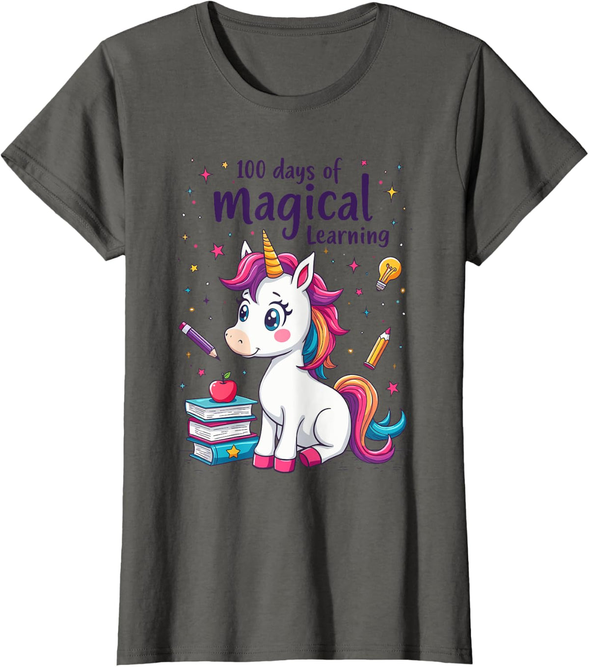 100th Day Kindergarten Kids Girls Unicorn 100 Days Of School T-Shirt - Asphalt Grey