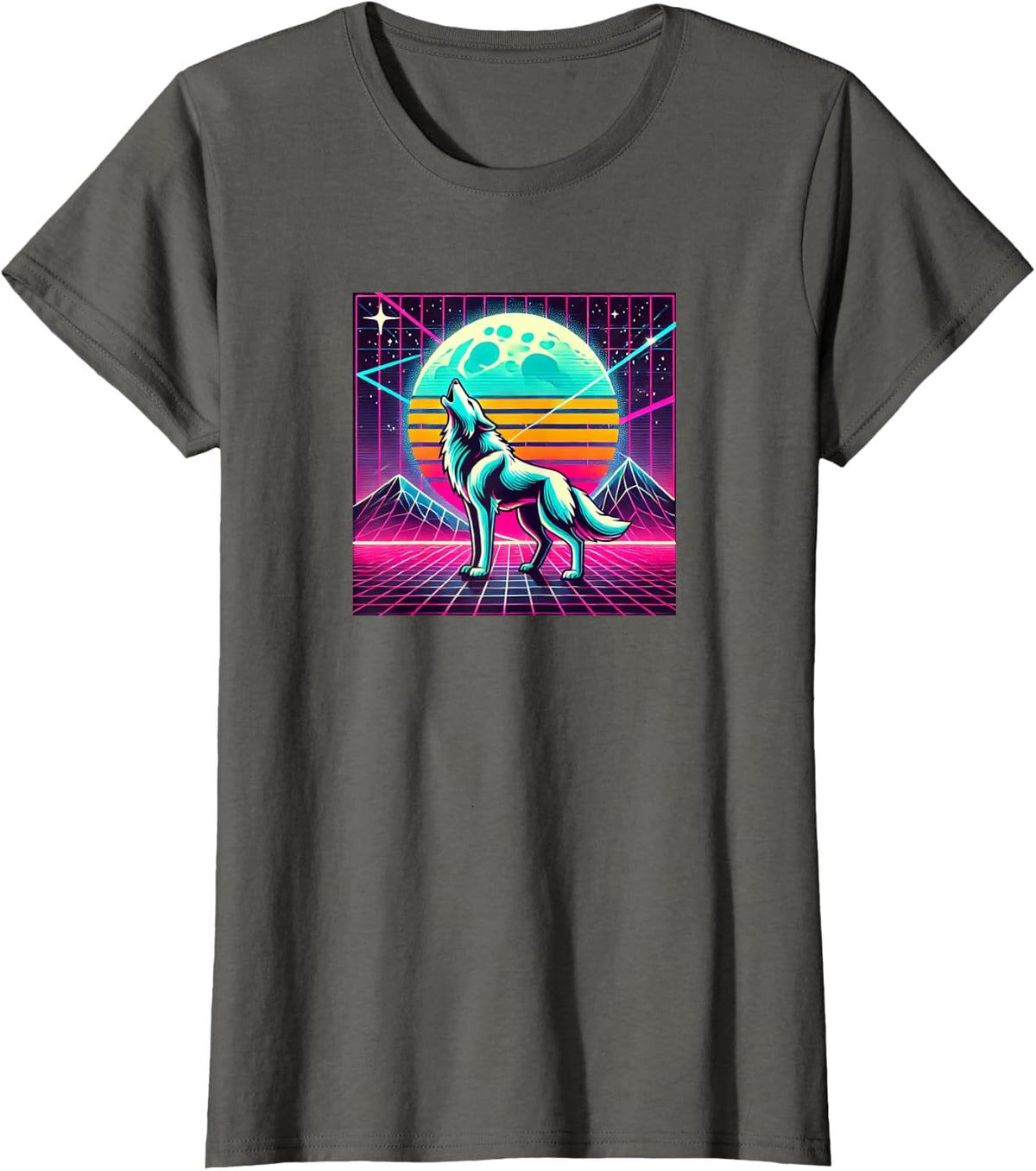 Colorful Synthwave 80s Wolf Howling at the Moon T-Shirt - Asphalt Grey