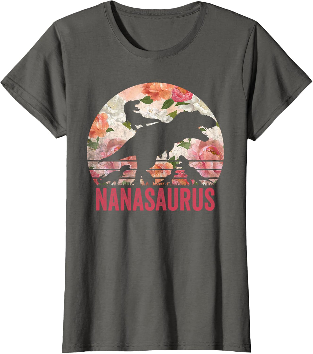 Nanasaurus - Dinosaur Flowers 4 Kids Grandma Gift T-Shirt - Asphalt Grey