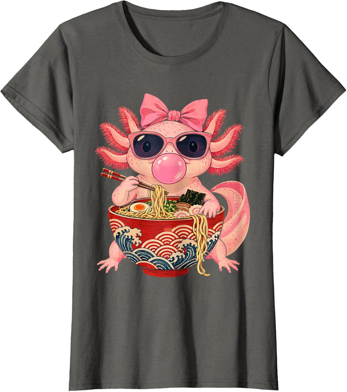 Pink Bow Axolotl - Ramen T-Shirt - Asphalt Grey