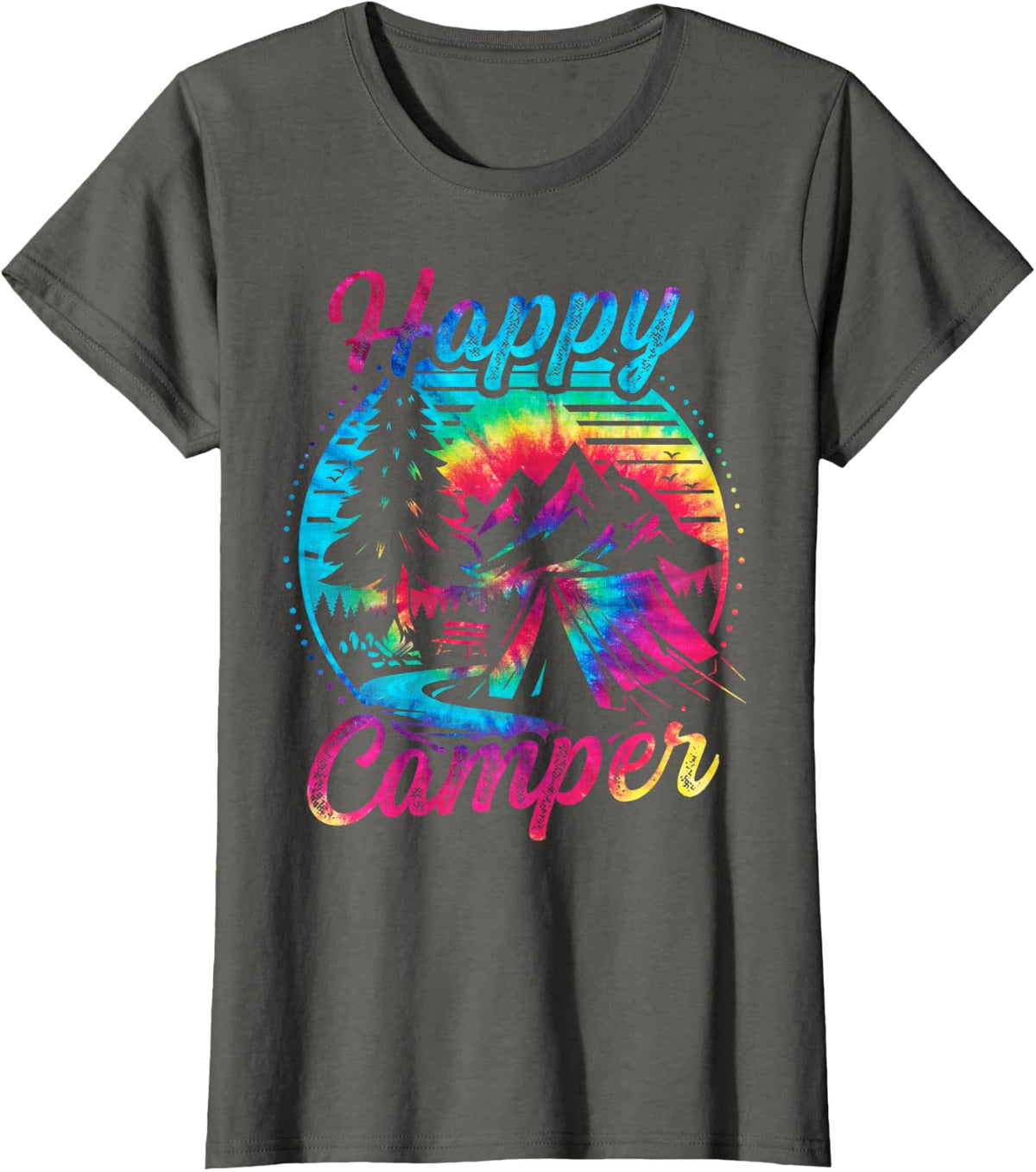 Funny Happy Camping Hiking Lover Present Camper Tie Dye T-Shirt - Asphalt Grey