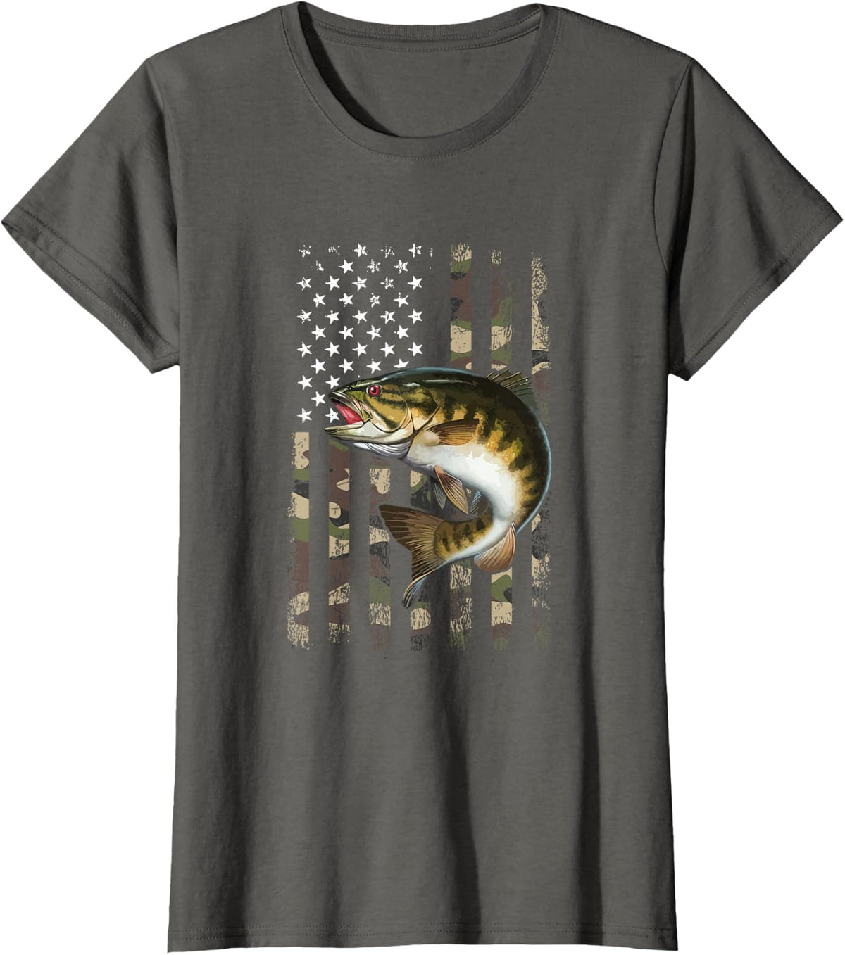 Smallmouth Bass American Flag T-Shirt Tee for Fishing Enthusiasts Men Women - Asphalt Grey