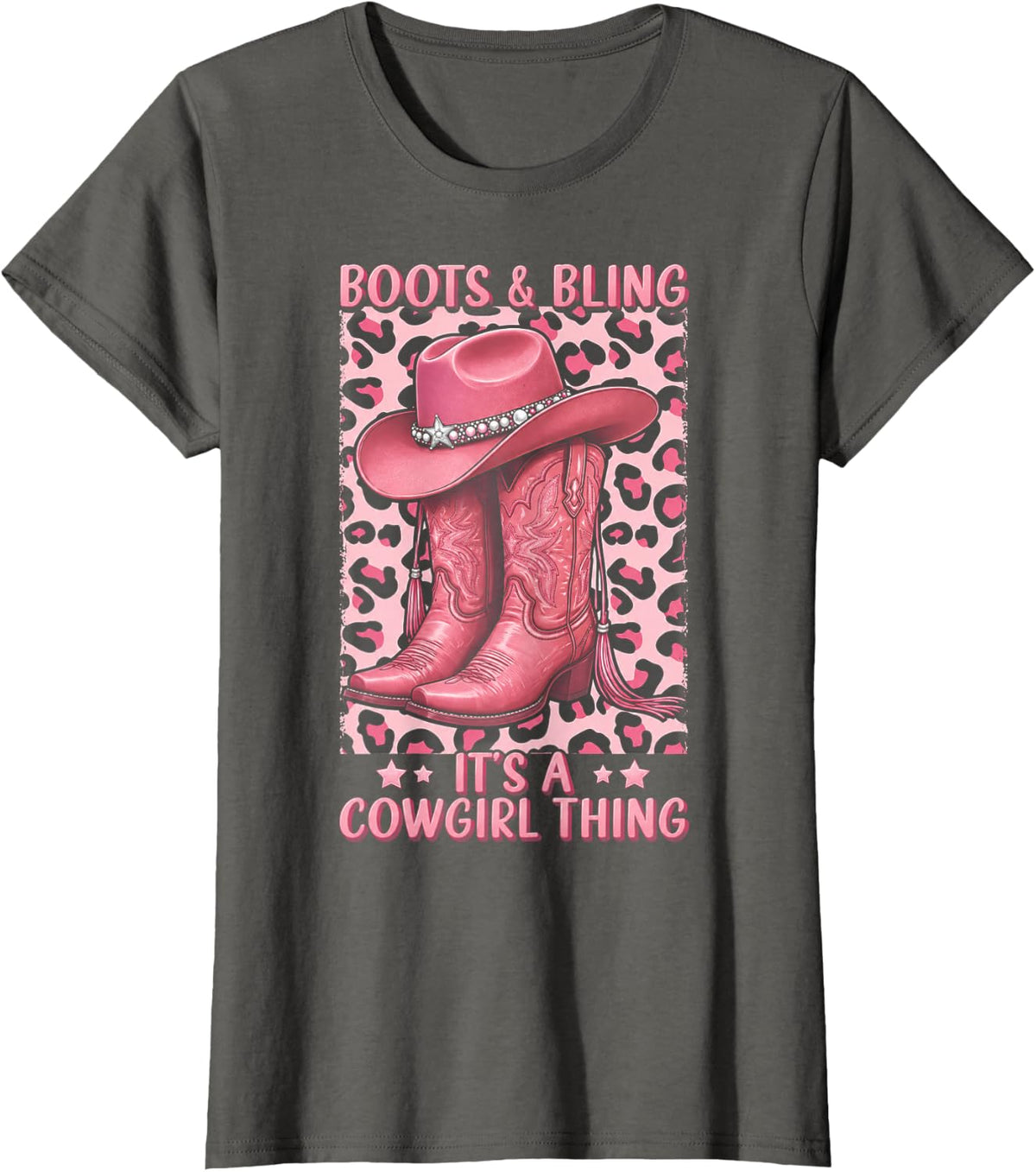 Pink Cowgirl Boots Western Leopard Rodeo Bling T-Shirt - Asphalt Grey