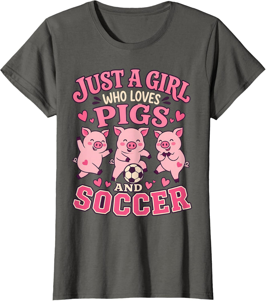 Just A Girl Who Loves Pigs and Soccer Cute Pig Lover T-Shirt - Asphalt Grey