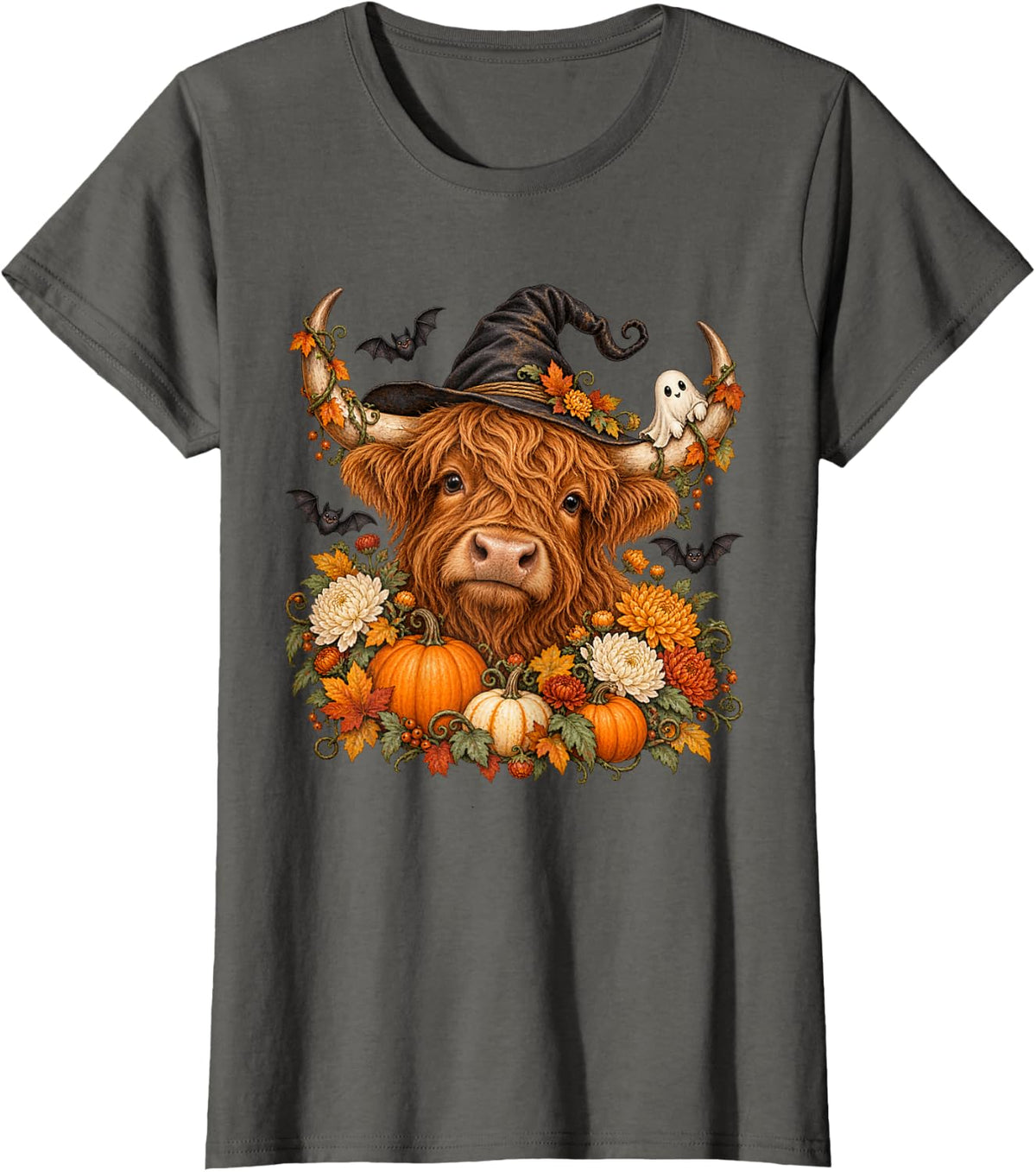 Vintage Halloween Highland Cow Witch Fall Floral Pumpkin T-Shirt - Asphalt Grey