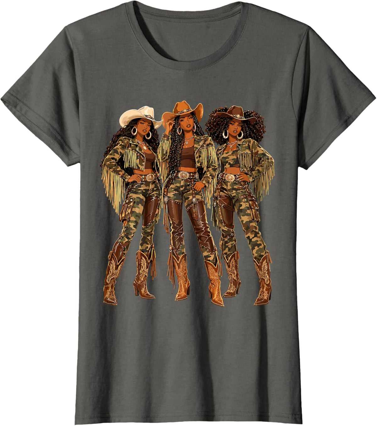Camo Black African American Cowgirl Western Country Rodeo T-Shirt - Asphalt Grey