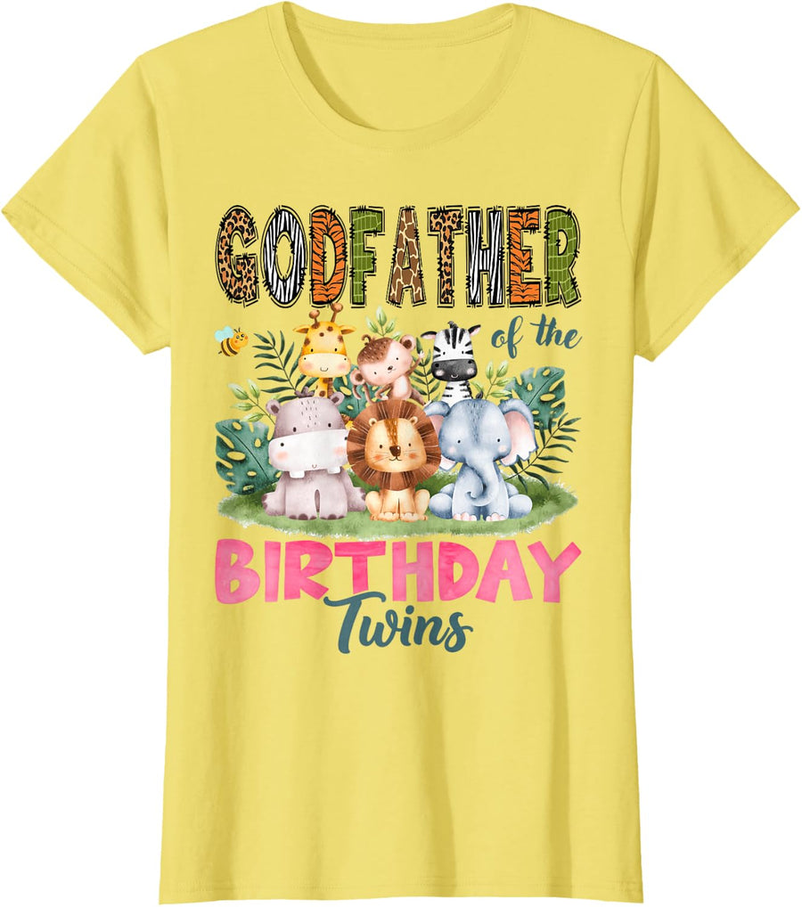 Godfather of The Birthday Twins Safari Jungle Animals Lover T-Shirt - Lemon Yellow