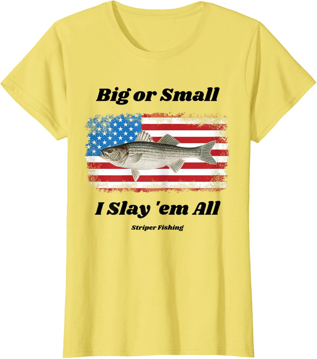 Striped Bass Fish Striper Fishing US Flag Design Fishermans T-Shirt - Lemon Yellow
