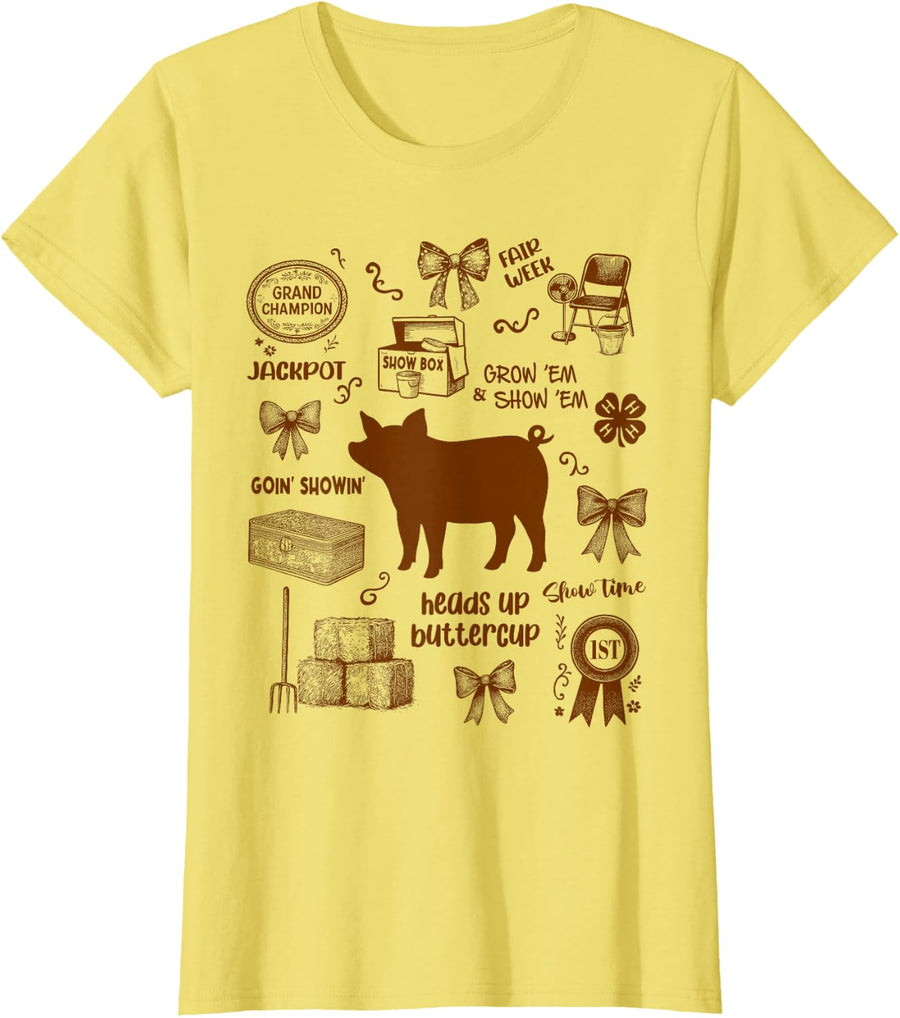 Pig Show Livestock Doodles Pig Mom Farm Life Farmer Herd T-Shirt - Lemon Yellow