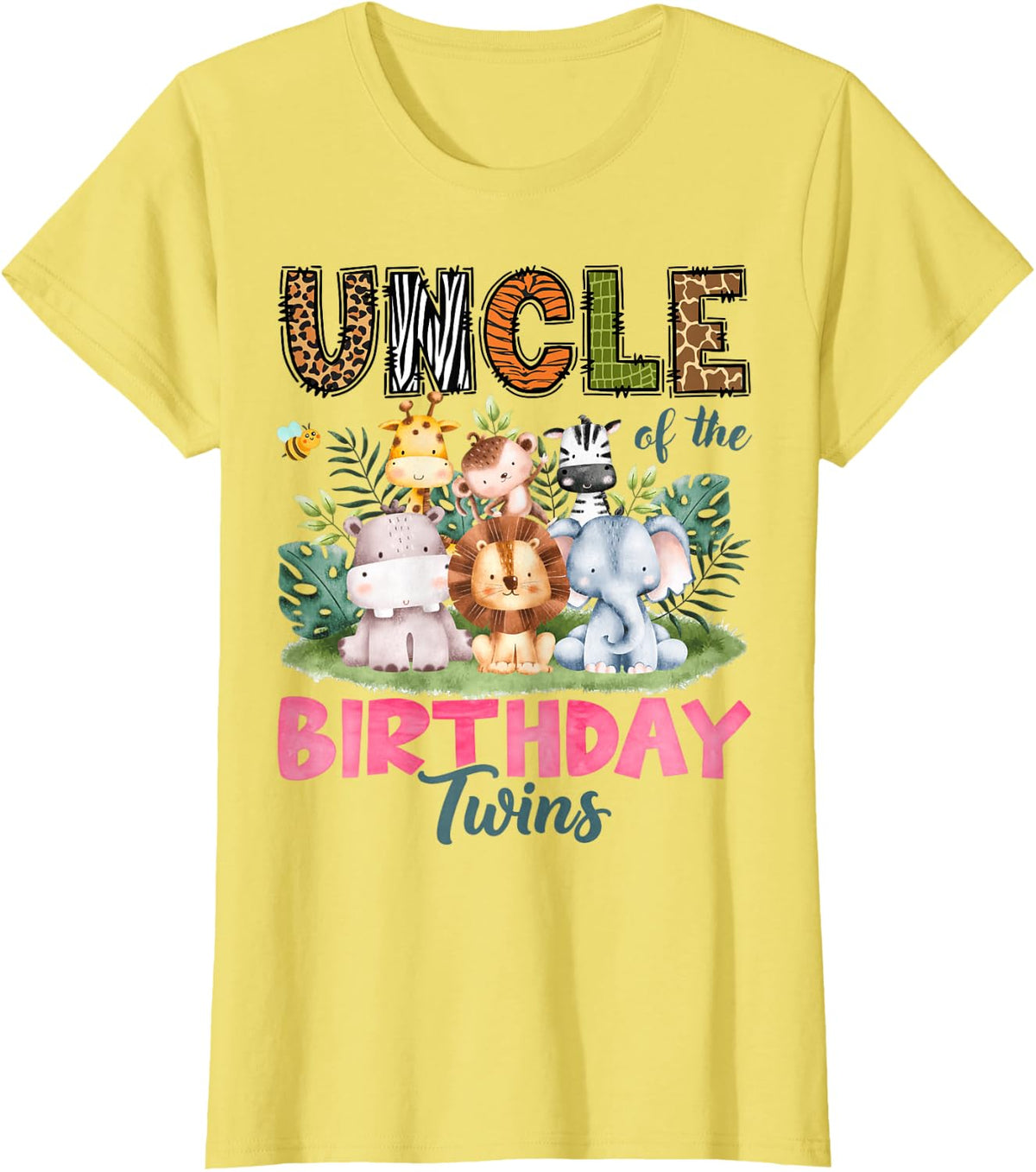 Uncle of The Birthday Twins Safari Jungle Animals Lover T-Shirt - Lemon Yellow
