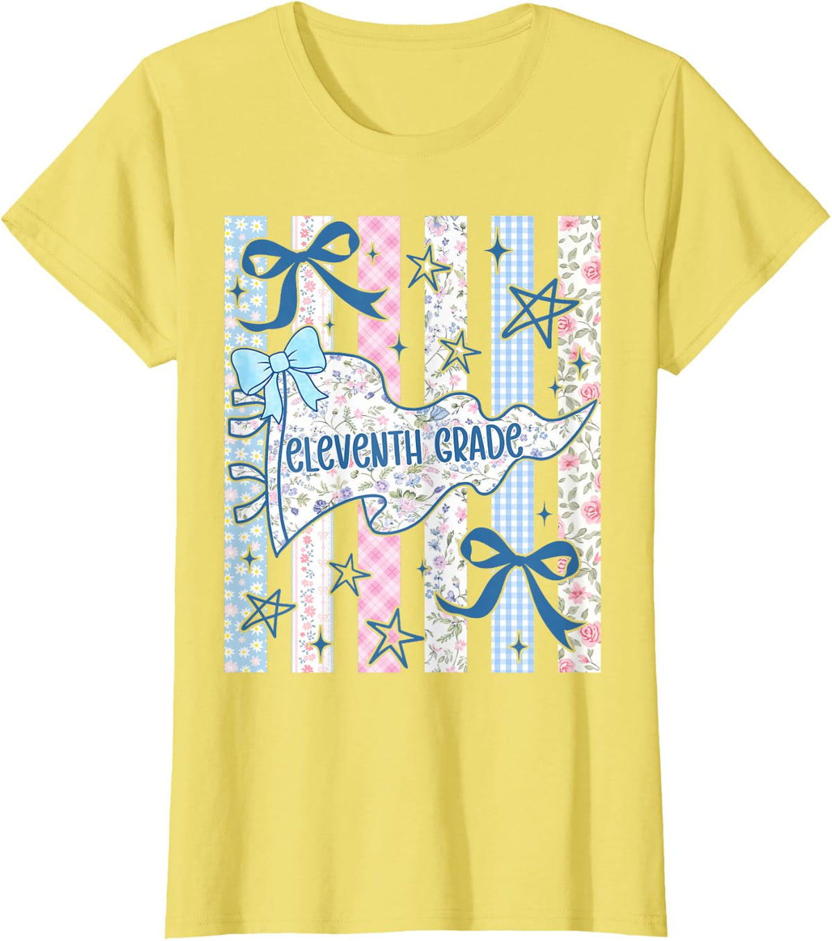 11th Grade Back to School Cute Striped Floral Bows T-Shirt - Lemon Yellow