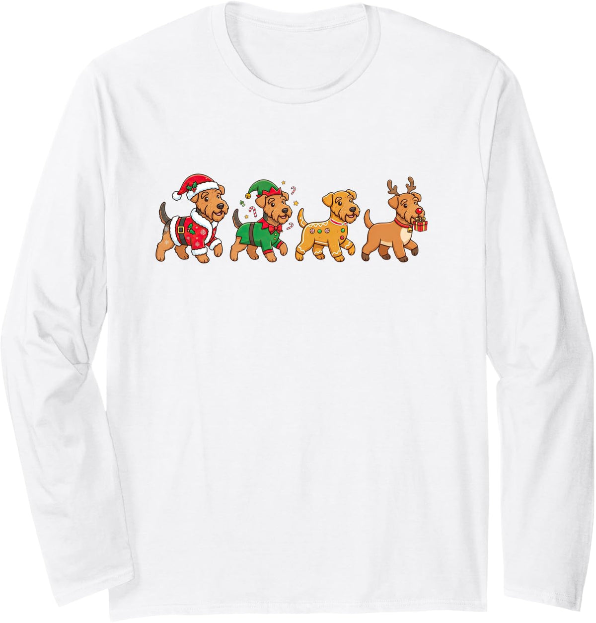 Funny Christmas Airedale Terrier Santa Elf Womens Mens Kids Long Sleeve T-Shirt - Adult Unisex White