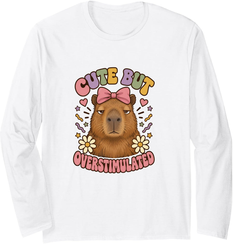 Capybara overstimulated Animal Lover Introvert Humor Long Sleeve T-Shirt - Adult Unisex White