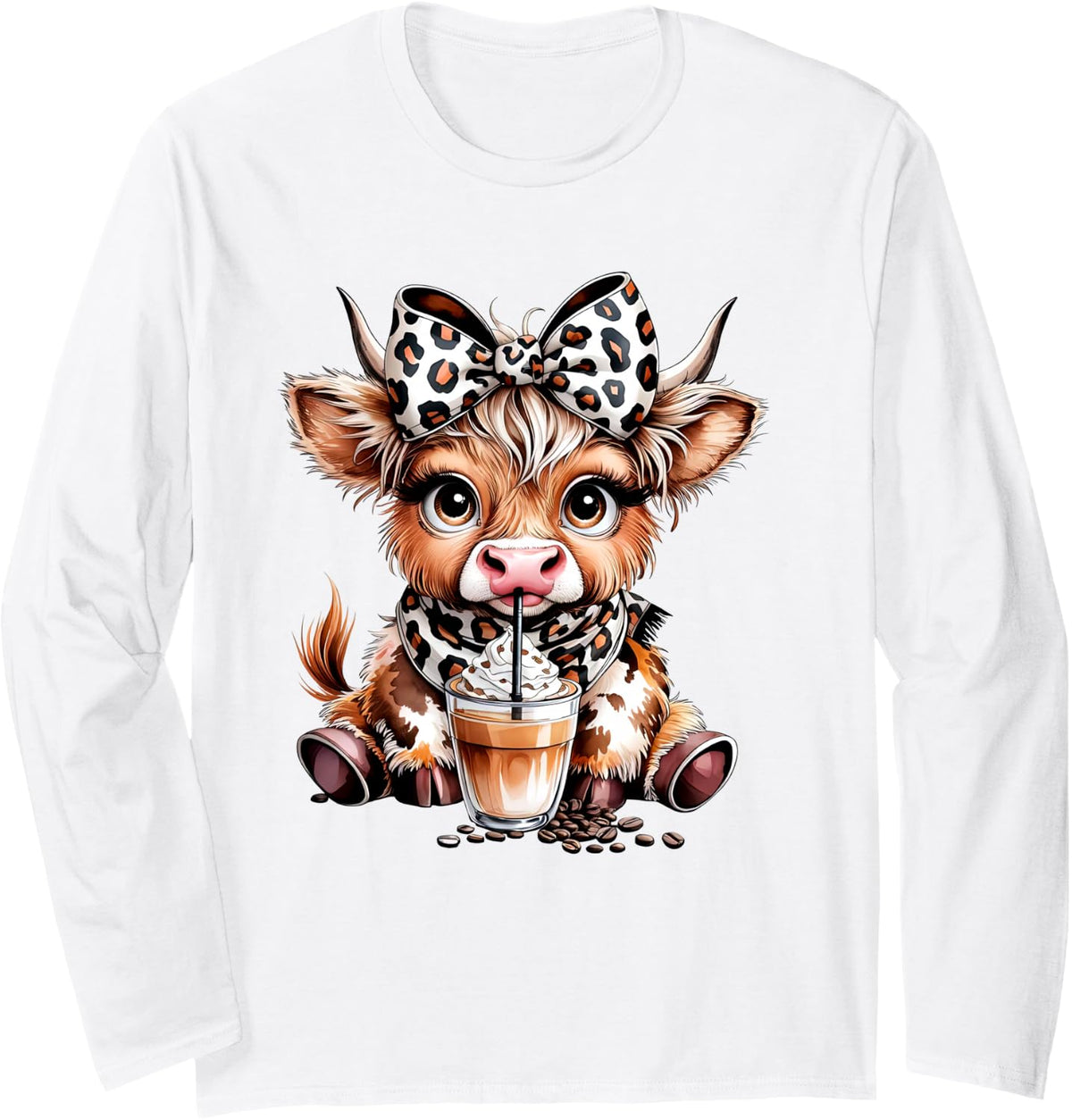 Leopard Coquette Bow Coffee Addict Highland Cow Drink Coffee Long Sleeve T-Shirt - Adult Unisex White