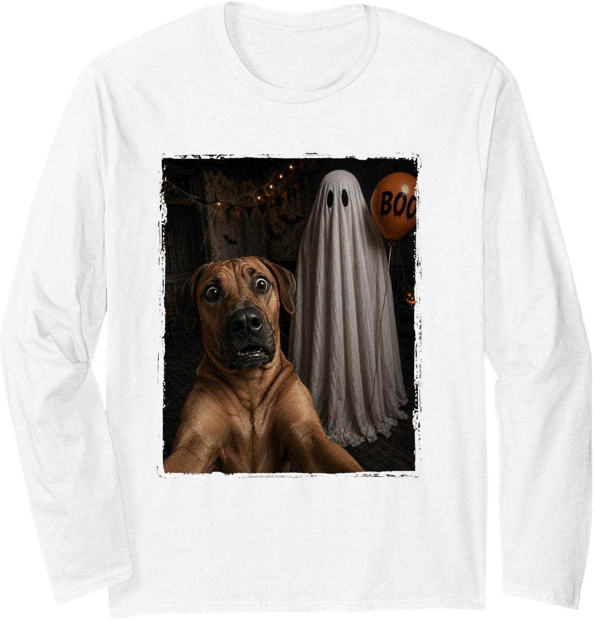 Funny Rhodesian Ridgeback Halloween Selfie Ghost Boo Balloon Long Sleeve T-Shirt - Adult Unisex White