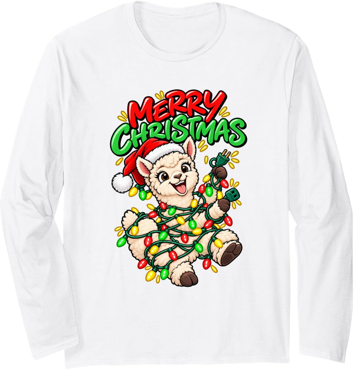 Merry Christmas Happy Alpaca Cute Christmas Lights Long Sleeve T-Shirt - Adult Unisex White