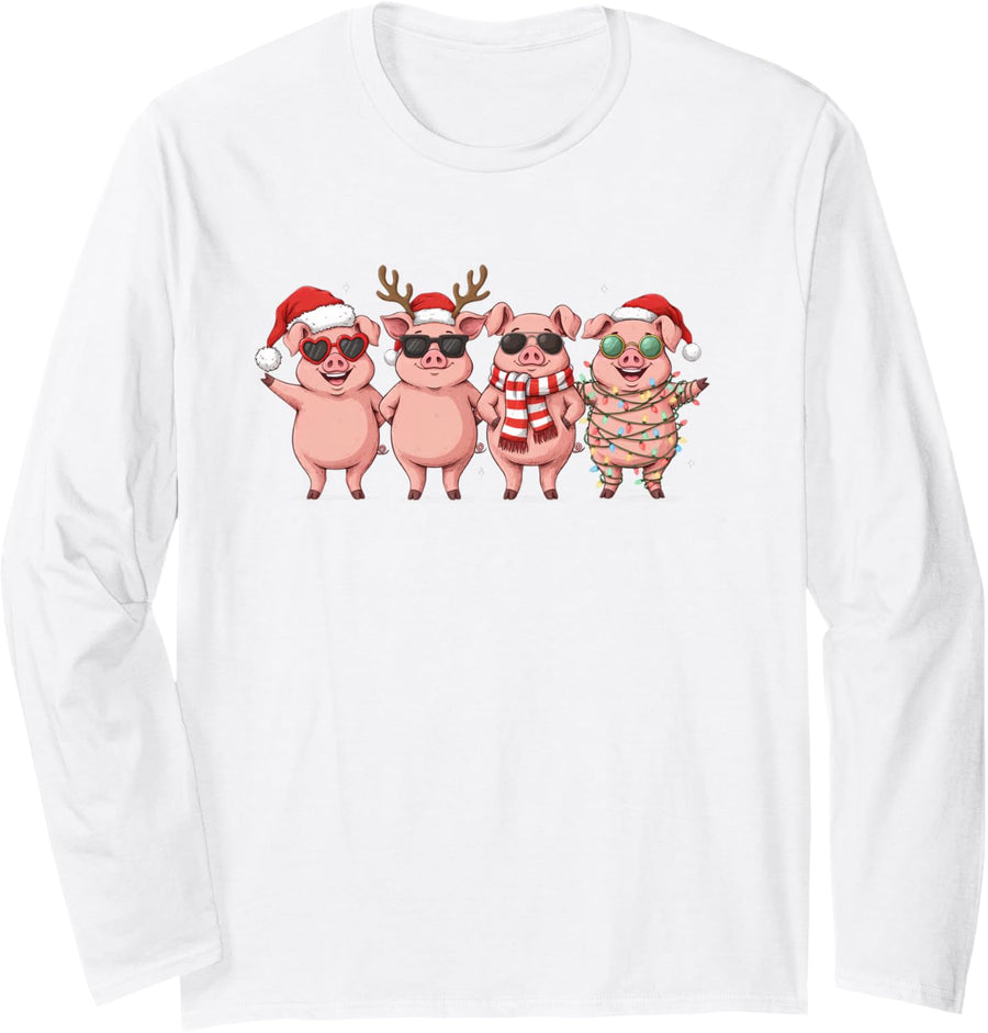 Cute Pig Baby Funny Santa Hat Christmas Lights Holiday Xmas Long Sleeve T-Shirt - Adult Unisex White