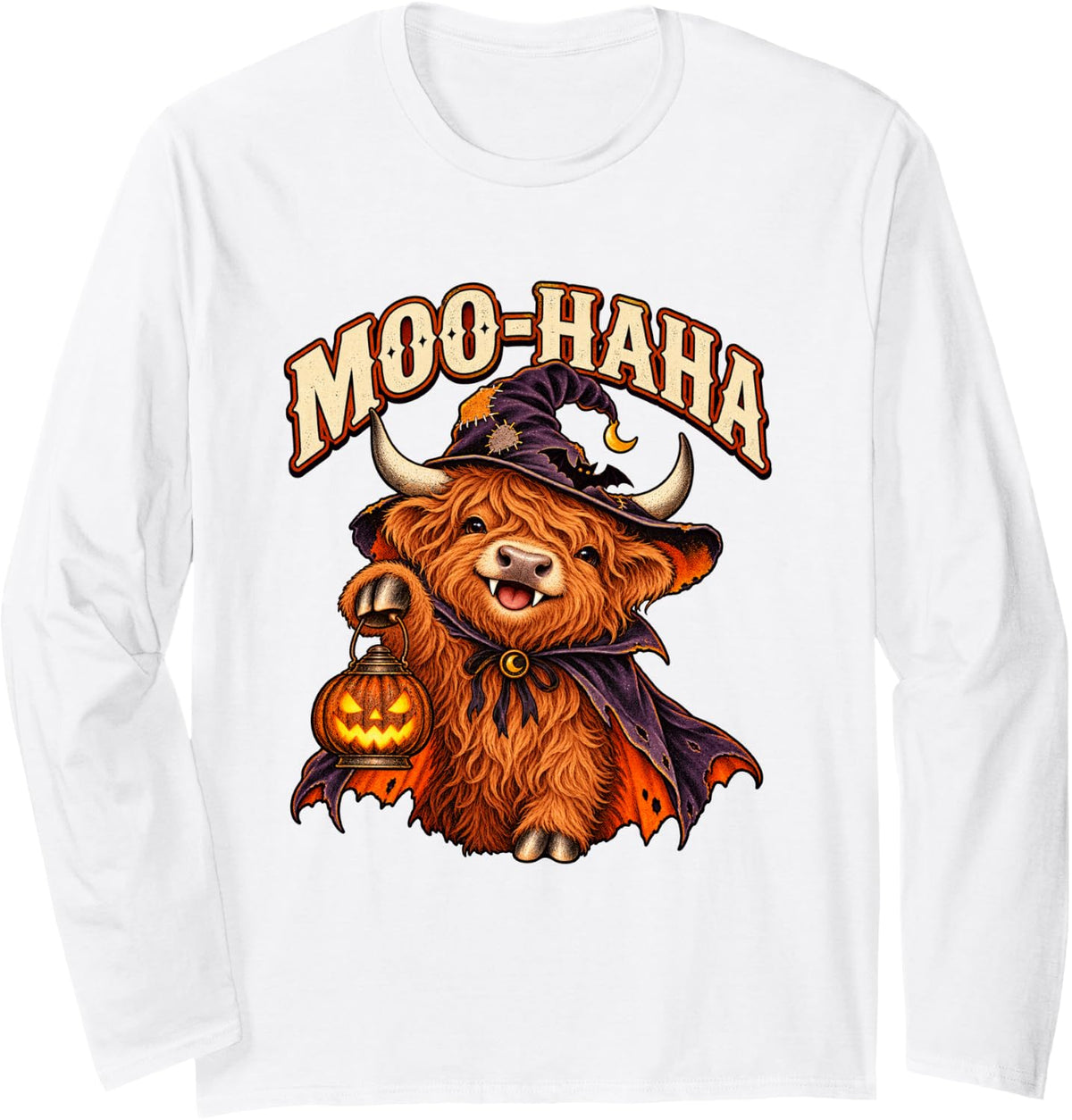 Moo-Haha Retro Halloween Highland Cow Witch Calf Long Sleeve T-Shirt - Adult Unisex White