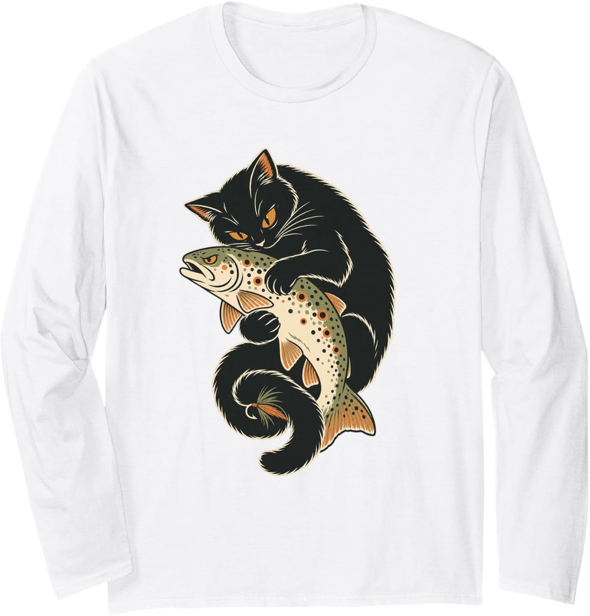 Trout with Cat Halloween Fish Fly Fishing Long Sleeve T-Shirt - Adult Unisex White