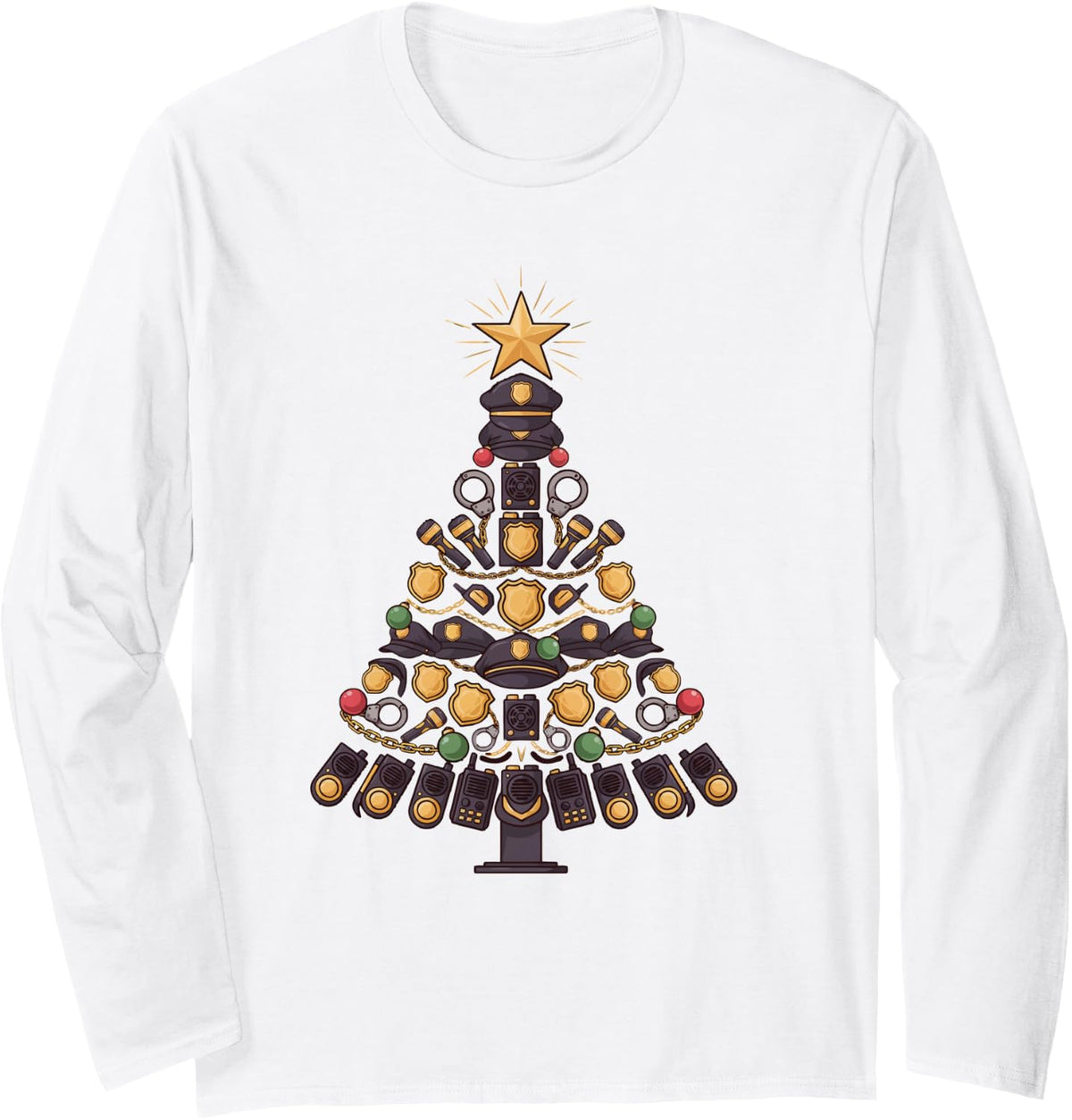 Police Officer Christmas Tree Long Sleeve T-Shirt - Adult Unisex White