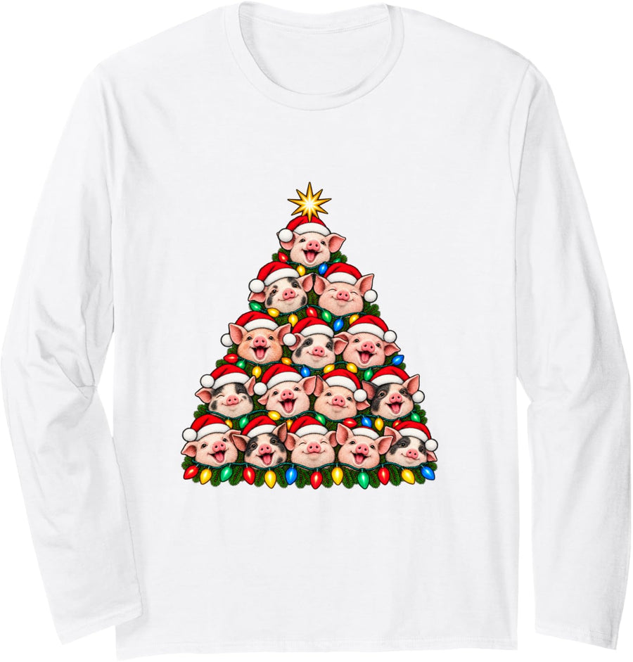 Pigs Christmas Tree Cute Santa Hat Pig Lover Xmas Long Sleeve T-Shirt - Adult Unisex White