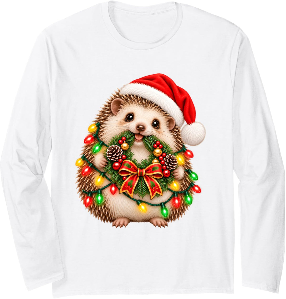 Funny Hedgehog Christmas Wreath Decoration Xmas Pajamas Long Sleeve T-Shirt - Adult Unisex White