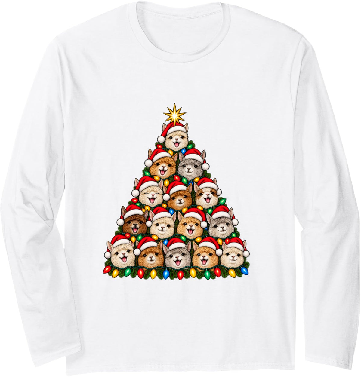 Alpacas Christmas Tree Cute Santa Hat Alpaca Lover Xmas Long Sleeve T-Shirt - Adult Unisex White