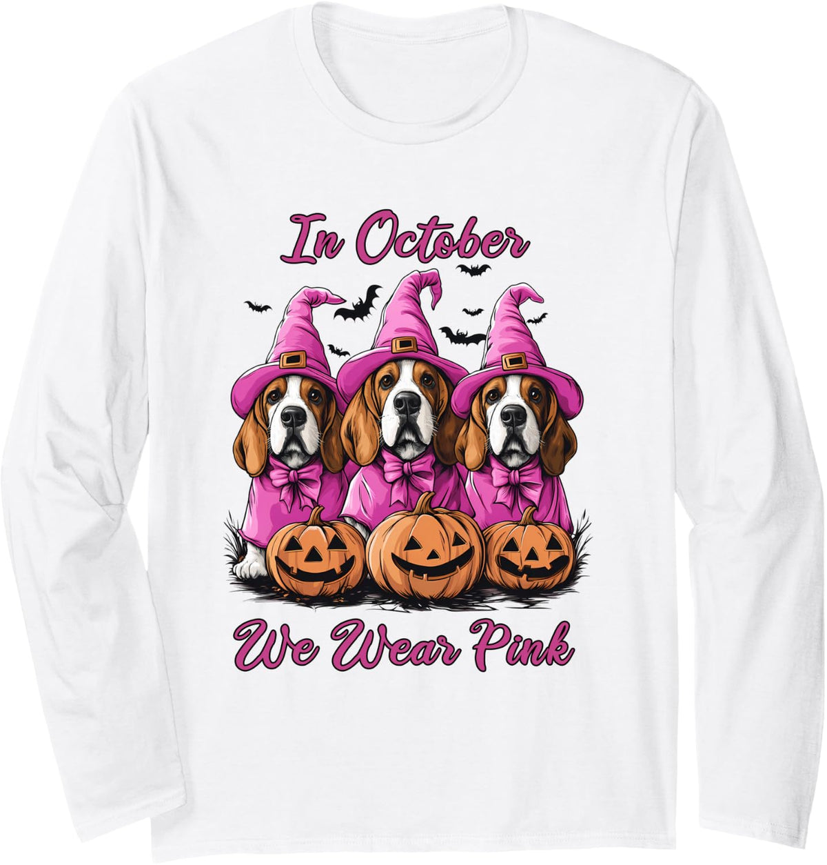 in October We Wear Pink Basset Hound Halloween Breast Cancer Long Sleeve T-Shirt - Adult Unisex White