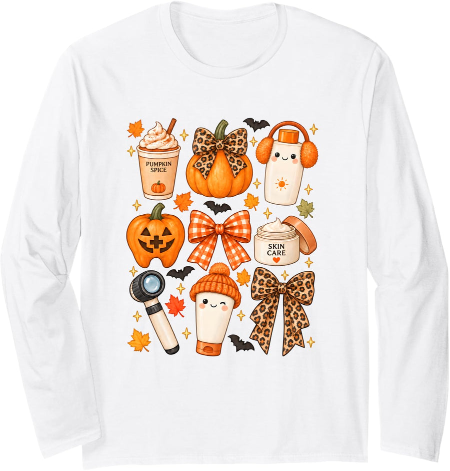 Dermatology Halloween Skin Care Fall Dermatologist Pumpkin Long Sleeve T-Shirt - Adult Unisex White