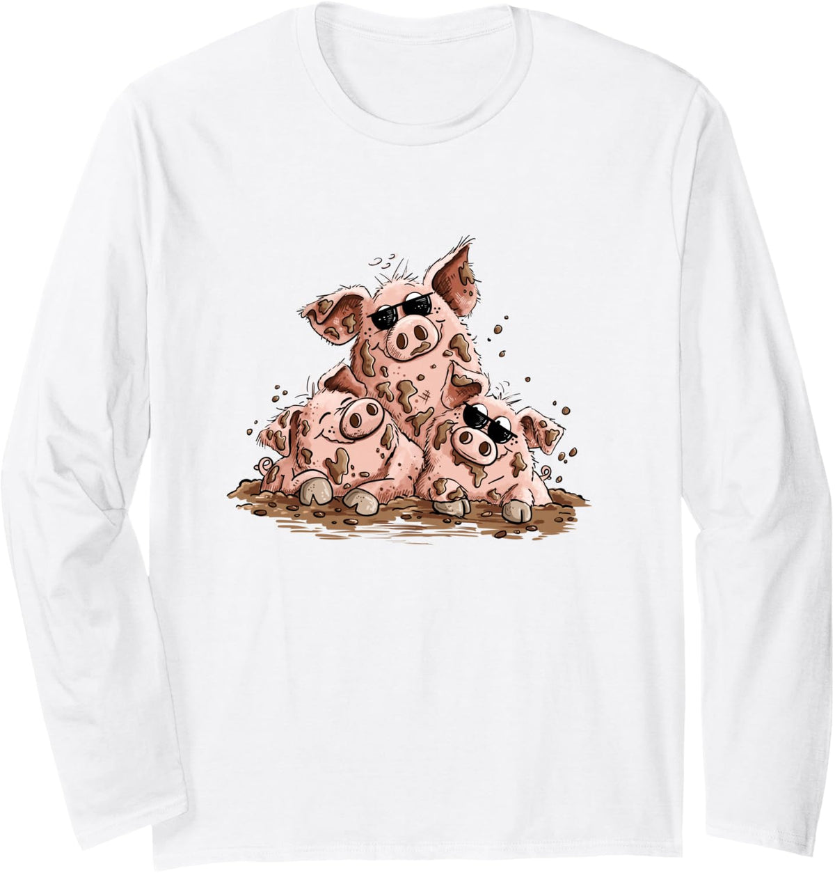 Three Cool Pigs in Mud I Farm Animal Country Humor Pig Long Sleeve T-Shirt - Adult Unisex White